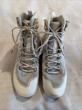 Under Armour Women's White Mesh Athletic High-Top Sneakers with Gold Accents